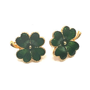 Vtg 1980s Avon Shamrock Clover Enamel Stud Earrings Green Gold Lucky Irish Charm
